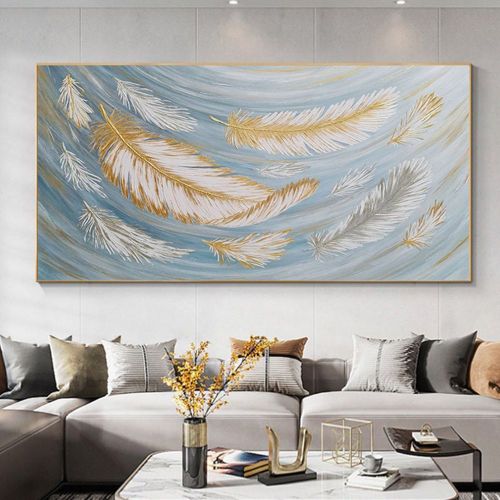 Handmade Oil Painting Abstract Feather Oil Painting on Canvas Large Original Gold White Boho Minimalist Painting Custom Painting Living Room Wall Art